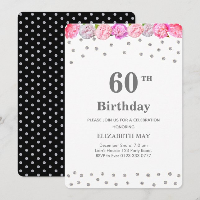 Invitation Fleurs 40e, 60e Anniversaire avec Diamants (Devant / Derrière)