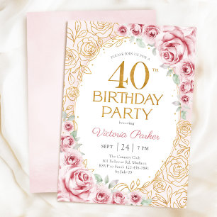Invitation Fleurs 40e Anniversaire Rose Pâle Or