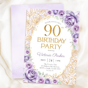 Invitation Fleurs 90e Anniversaire Lilas Violet Or