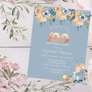 Invitation Fleurs à l'aquarelle Bleu Poussiéreux 100e Anniver