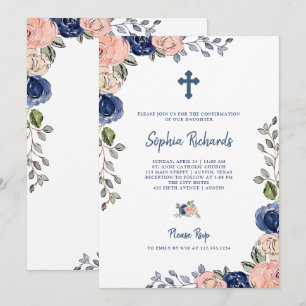 Invitation Fleurs à main floue et marine  Confirmation