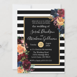 Invitation Fleurs à rayures noir et blanc Mariage de la Marin