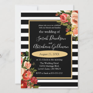 Invitation Fleurs à rayures noires et blanches Roses Mariage