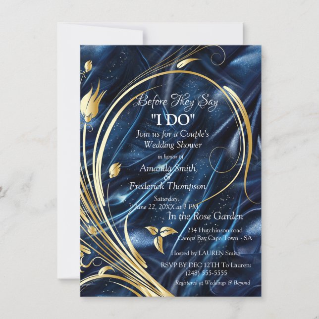 Invitation Fleurs abstraites d'or sur Simmery Blue Silk (Devant)