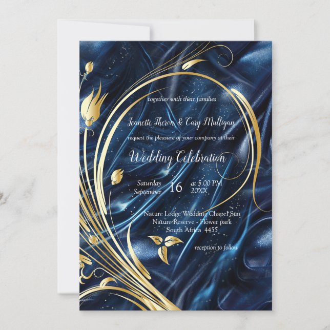 Invitation Fleurs abstraites d'or sur Simmery Blue Silk (Devant)