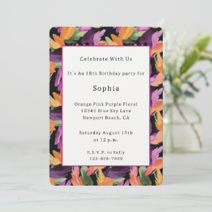 Invitation Fleurs Anniversaire Orange Vert Jaune Violet