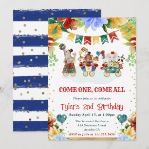 Invitation Fleurs Aquarelle Animaux de Cirque Anniversaire En