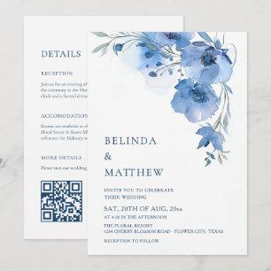 Invitation Fleurs aquarelle bleues Arche blanche