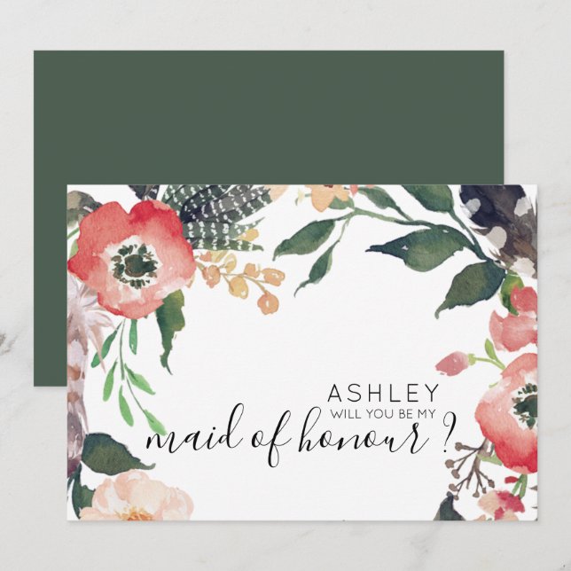 Invitation Fleurs Aquarelle Demande Demoiselle d'Honneur Nom (Devant / Derrière)
