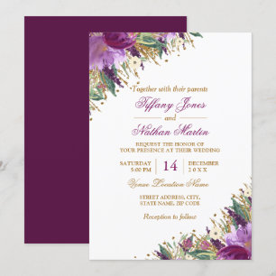 Invitation Fleurs aquarelle mariage étincelant améthyste