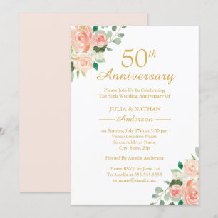 Invitation Fleurs aquarelle pêche 50e anniversaire de mariage