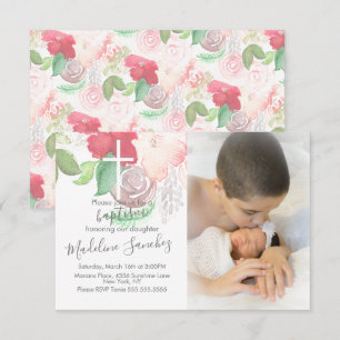 Invitation Fleurs aquarelle rose baptême bébé dédicace  