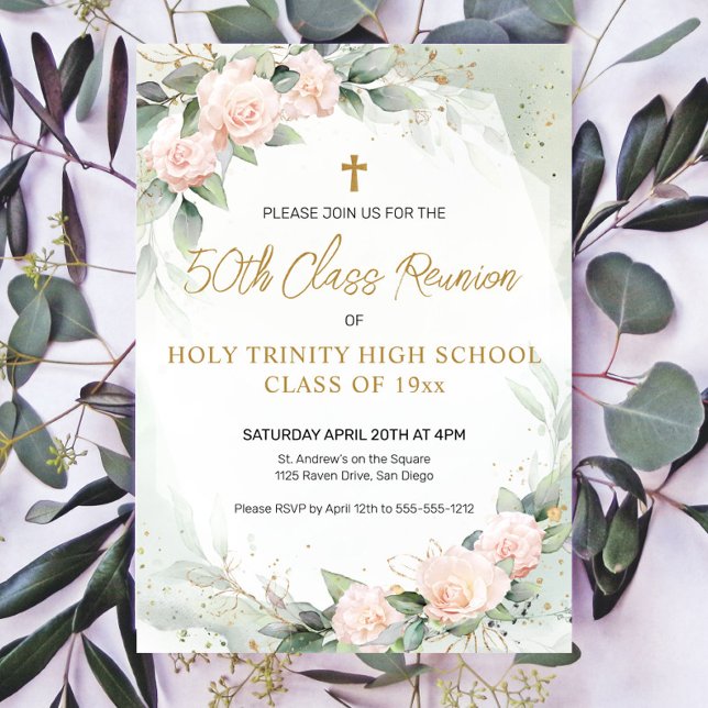 Invitation Fleurs Aquarelle Rose Réunion de Classe Religieuse (Créateur téléchargé)