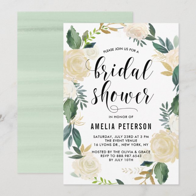 Invitation Fleurs aquarelles avec Fête des mariées Parties sc (Devant / Derrière)