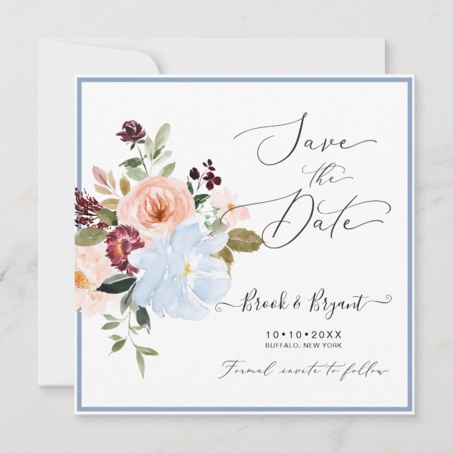 Invitation Fleurs aquarelles bleu bleu foncé Sauvez la date (Devant)