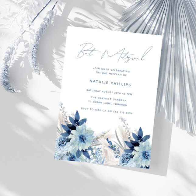 Invitation Fleurs aquarelles bleu poussiéreux Bat Mitzvah (Créateur téléchargé)