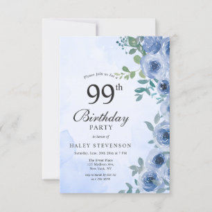 Invitation Fleurs aquarelles bleu poussiéreux Chic 99e Annive
