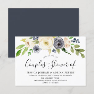 Invitation Fleurs aquarelles bleues marine et champagne pour 