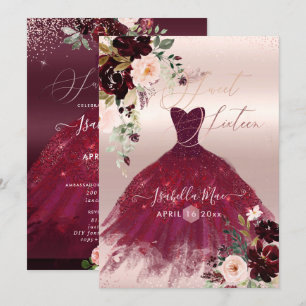 Invitation Fleurs aquarelles bordeaux Blush Sweet 16