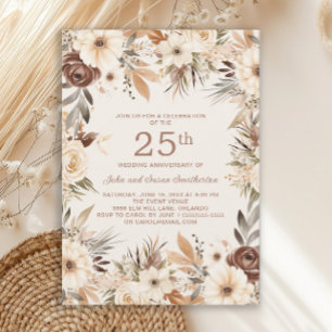 Invitation Fleurs aquarelles brunes et crème pour le 25e anni