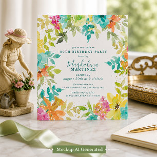 Invitation Fleurs aquarelles estivales carré 80e anniversaire