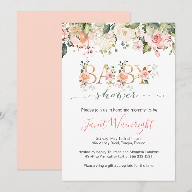 Invitation Fleurs aquarelles, feuillage verdure Shower de béb (Devant / Derrière)