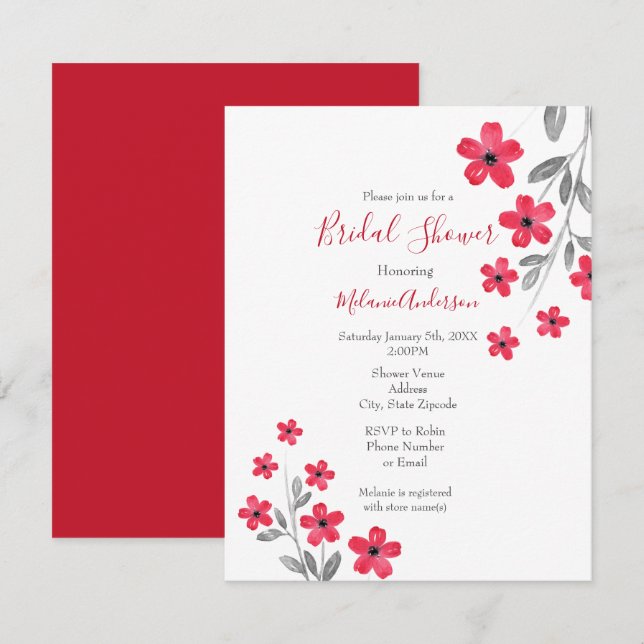 Invitation Fleurs aquarelles gris rouge (Devant / Derrière)