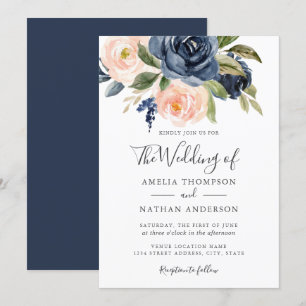 Invitation Fleurs aquarelles mariage bleu marine pêche