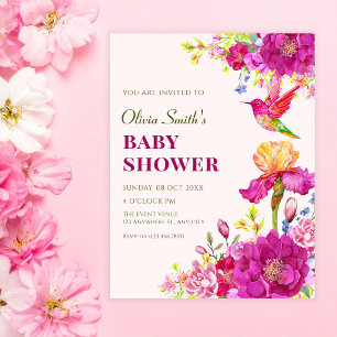 Invitation Fleurs aquarelles oiseau baby shower