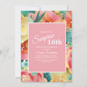 Invitation Fleurs aquarelles rose jaune sarcelle 16e annivers