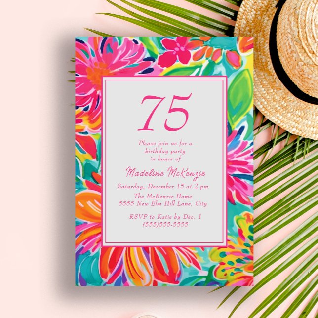 Invitation Fleurs aquarelles rose orange pour 75e anniversair (Hot pink and orange tropical leaves women's 75th birthday party invitation)