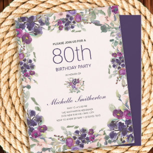 Invitation Fleurs aquarelles rose violet 80 ans