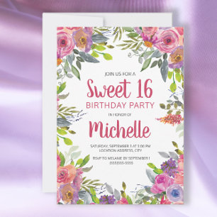 Invitation Fleurs aquarelles rose violet pour un anniversaire