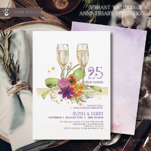 Invitation Fleurs aquarelles vibrantes pour les 25 ans de mar