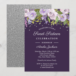 Invitation Fleurs aquarelles violettes argentées pour un Swee