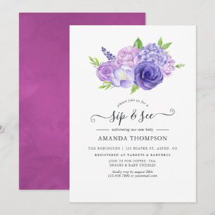Invitation Fleurs aquarelles violettes Sip and See