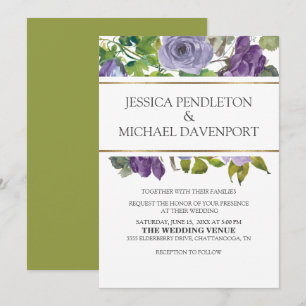 Invitation Fleurs aquarelles violettes vignes vertes or maria