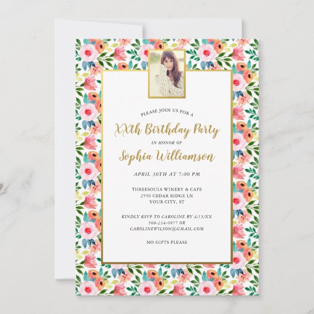 Invitation Fleurs aquarelles, Votre Photo, Anniversaire (Devant)