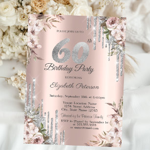 Invitation Fleurs argent paillettes coulures rose or 60ème