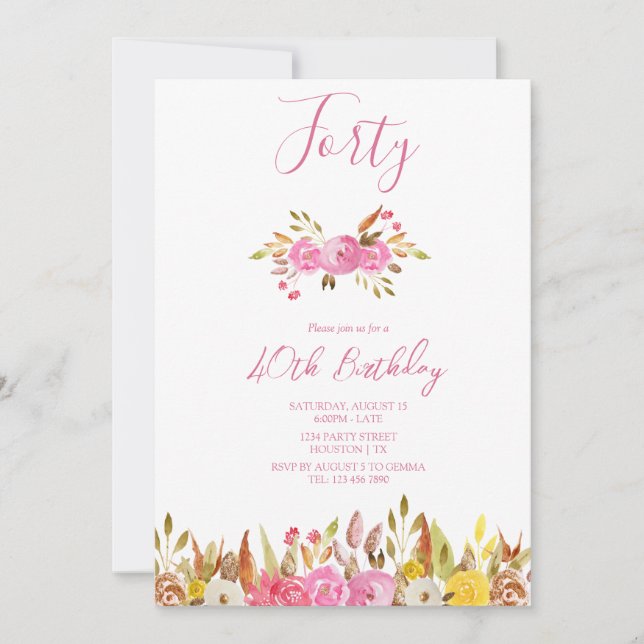 Invitation Fleurs Avec Un Peu De Fête D'Anniversaire (Devant)