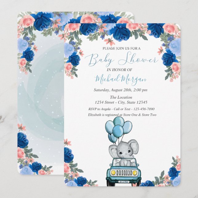 Invitation Fleurs, Baby shower automobile éléphant (Devant / Derrière)