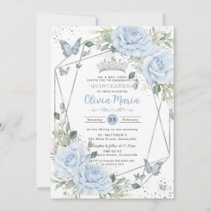 Invitation Fleurs Bébé Bleu Papillons Argent Quinceanera