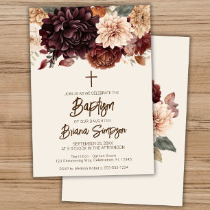 Invitation Fleurs beige marron Ivoire Floral Baptême