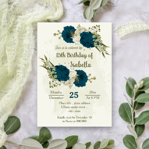 Invitation Fleurs beiges bleues turquoises anniversaire botan