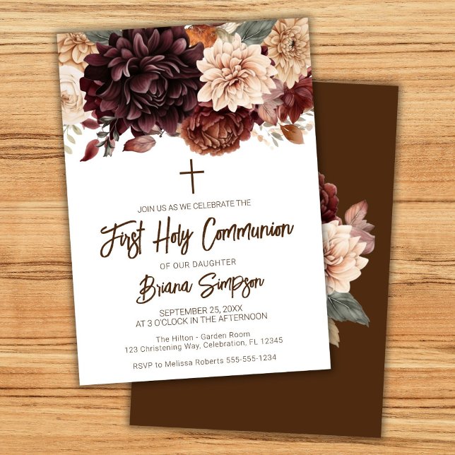 Invitation Fleurs beiges Brown Floral Première Sainte Communi (Créateur téléchargé)