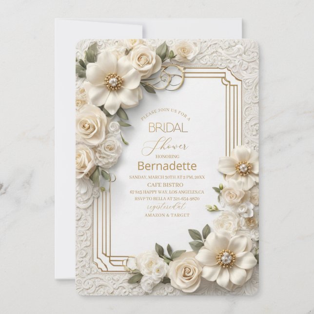 Invitation Fleurs blanches 3D aquarelle  or  Baby Shower de m (Devant)