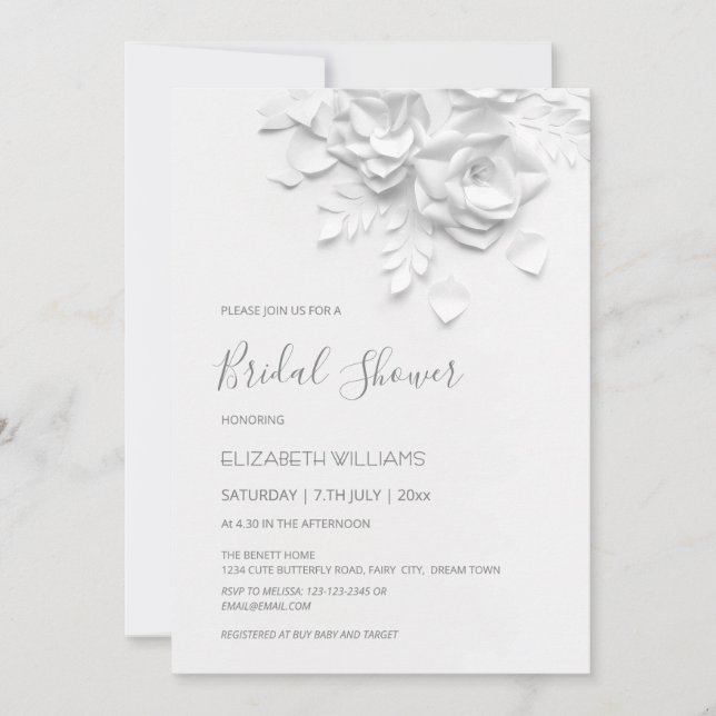 Invitation Fleurs blanches 3D Roses Minimaliste Enterrement d (Devant)