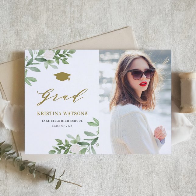 Invitation Fleurs Blanches Aquarelle Verdure Diplôme (Personalized photo graduation invitation featuring watercolor greenery and white flowers.)
