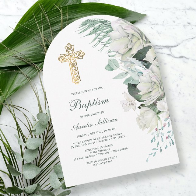 Invitation Fleurs blanches Arc vert Baptême (Créateur téléchargé)