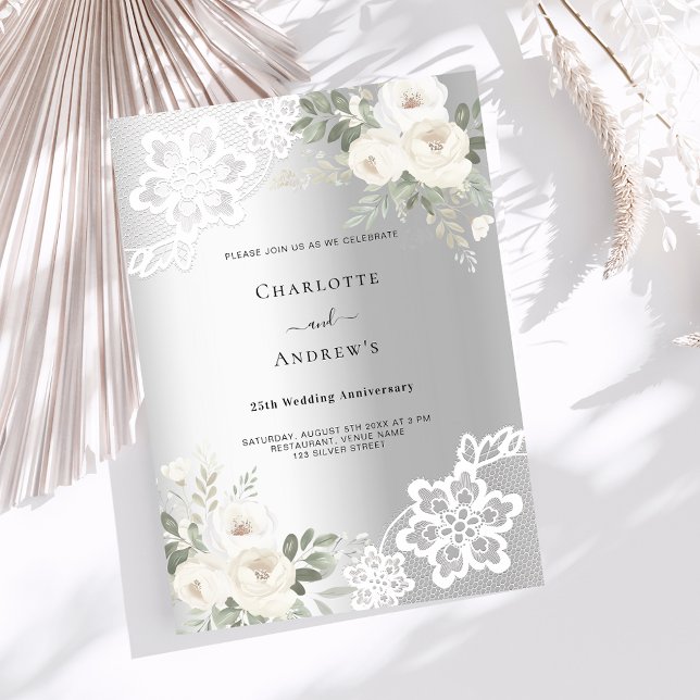 Invitation Fleurs blanches argentées 25e anniversaire mariage (Créateur téléchargé)